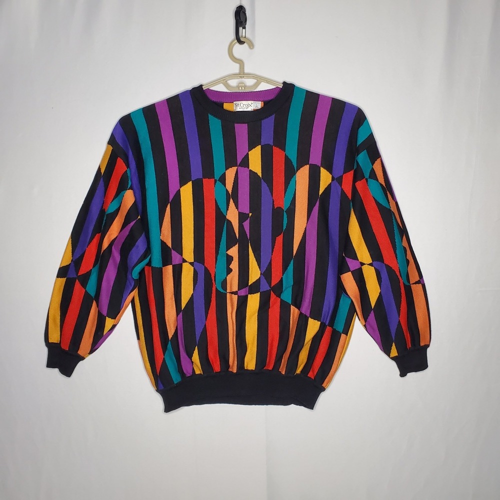 St Croix Sweater Large Rainbow Stripe Vintage 80s 90s Artsy Relaxed Banded Hem